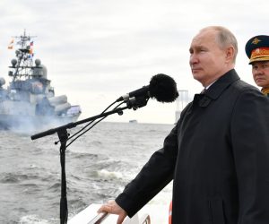 epa09363929 Russian President Vladimir Putin (C), Russian Defence Minister Sergei Shoigu (R) attend the 'Russia Navy Day' parade in St. Petersburg, Russia, 25 July 2021. Some 54 warships, including three frigates from India, Iran and Pakistan, 48 aircraft and more than 4,000 servicemen, took part in the parade in honor of the 325th anniversary of the creation of the Russian military fleet.  EPA/ALEXEI NIKOLSKY/SPUTNIK/KREMLIN / POOL
