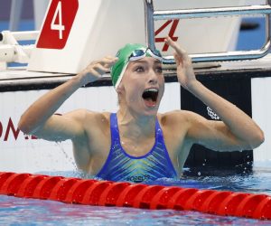 epa09378027 Tatjana Schoenmaker of South Africa reacts after seeing her World Record results in the Women's 200m Breastroke Final during the Swimming events of the Tokyo 2020 Olympic Games at the Tokyo Aquatics Centre in Tokyo, Japan, 30 July 2021.  EPA/HOW HWEE YOUNG