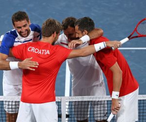 Tokio, 30.07.2021 - Hrvatsko finale parova u natjecanju u tenisu na Olimpijskim igrama Tokio 2020, Marin Cilic i Ivan Dodig protiv Mate Pavic i Nikola Mektic.
foto HINA/ Damir SENCAR/ ds