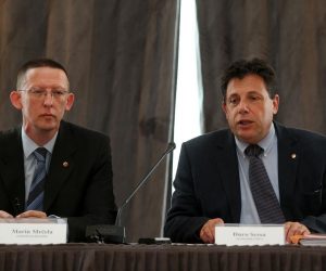 12.07.2013., Zagreb - U povodu prijedloga Udruge hrvatskih sudaca za ocjenu ustavnosti Zakona o sudovima i Zakona o Drzavnom sudbenom vijecu odrzana je konferencija za novinare na kojoj su govorili zamjenik predsjednika Marin Mrcela, predsjednik udruge Djuro Sessa. 
Photo: Sanjin Strukic/PIXSELL