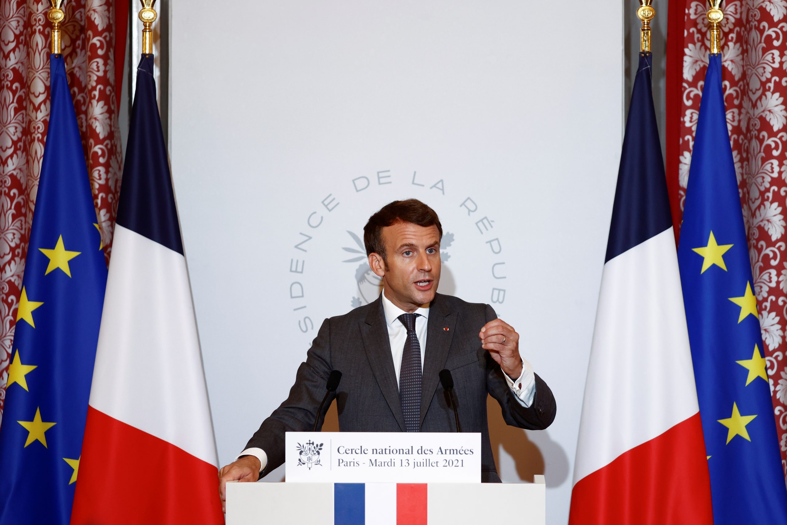 French President Macron delivers a speech to the Military Forces in Paris French President Emmanuel Macron delivers a speech to the French Military Forces at the Cercle des Armees in Paris, France, July 13, 2021. REUTERS/Christian Hartmann/Pool CHRISTIAN HARTMANN