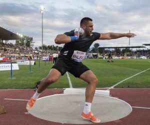 Filip Mihaljevic of Croatia competes in the men's shot put during the Athletissima IAAF Diamond League international athletics meeting at the Stade Olympique de la Pontaise in Lausanne, Switzerland, Thursday, Aug. 26, 2021. (Jean-Christophe Bott/Keystone via AP)
