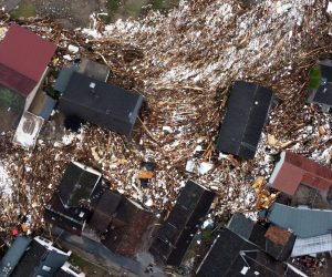 epa09347810 An aerial picture taken with a drone shows the destroyed village of Schuld in the district of Ahrweiler after heavy flooding of the river Ahr, in Schuld, Germany, early 16 July 2021. Large parts of Western Germany were hit by heavy, continuous rain in the night to 15 July, resulting in local flash floods that destroyed buildings and swept away cars. The number of deaths after storms in Rhineland-Palatinate and North Rhine-Westphalia increased to at least 81 in the course of late 15 July. The Bad Neuenahr, Ahrweiler and Euskirchen areas were particularly hard hit, according to the police. Some of the dead have not yet been recovered, and people are still missing.  EPA/SASCHA STEINBACH