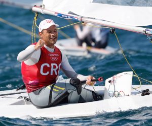 epa09384249 Tonci Stipanovic of Croatia celebrates placing second in the Men's One Person Dinghy Laser during the Sailing events of the Tokyo 2020 Olympic Games in Enoshima, Japan, 01 August 2021.  EPA/CJ GUNTHER