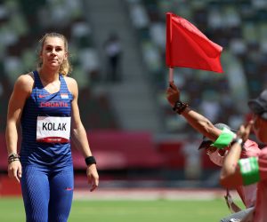 Tokio, 02.08.2021 - Hrvatska atleticarka Sara Kolak, braniteljica naslova Olimpijske pobjednice u bacanju koplja iz Ria 2016. godine, tijekom kvalifikacija u bacanju koplja na Olimpijskim igrama Tokio 2020.
foto HINA/ Damir SENCAR/ ds