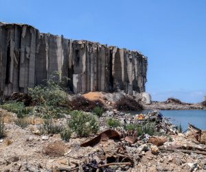 epa09390043 A general view on the ruins of the grain silos, destroyed in the 04 August port explosion, in Beirut, Lebanon, 01 August 2021 (issued 03 August 2021). At least 200 people were killed, and more than six thousand injured in the Beirut blast that devastated the port area on 04 August 2020. It is believed to have been caused by an estimated 2,750 tons of ammonium nitrate stored in a warehouse.  EPA/NABIL MOUNZER