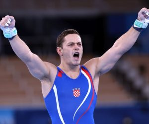 Tokio, 03.08.2021 - Hrvatski gimnasticar Tin Srbic tijekom finala vjebe na preci na Olimpijskim igrama Tokio 2020
foto HINA/ Damir SENCAR/ ds