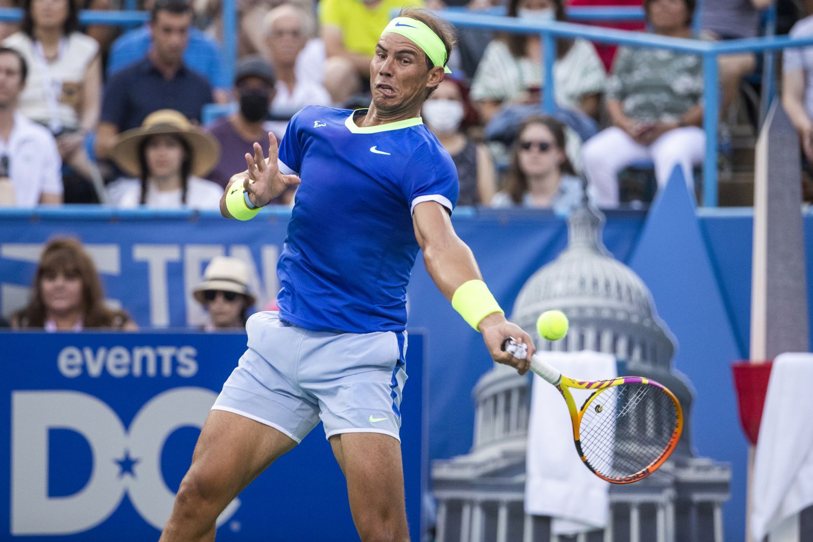epa09395990 Rafael Nadal of Spain in action against Jack Sock of the USA during their round two mens singles match of the the Citi Open ATP tennis tournament at Rock Creek Park Tennis Center in Washington, DC, USA, 04 August 2021.  EPA/SHAWN THEW