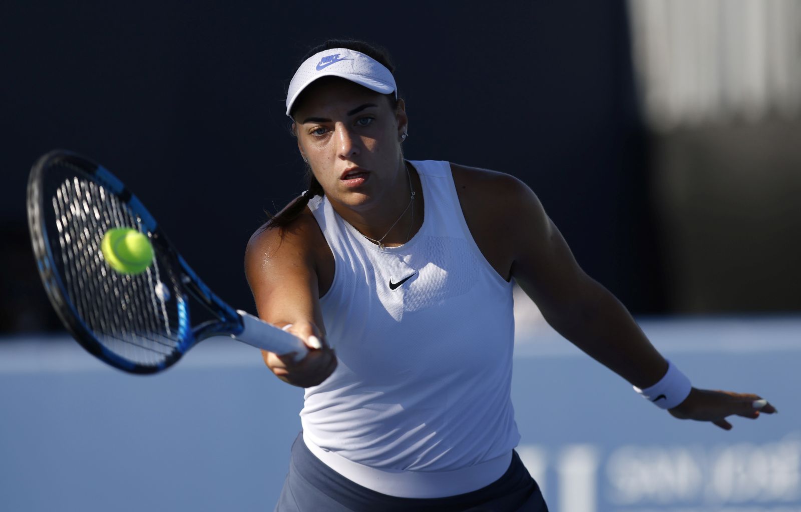 epa09396042 Ana Konjuh of Croatia hits a drop shot against Alison Riske of USA during the Women's Mubadala Silicon Valley Classic tennis match at San Jose State University in San Jose, California, USA, 04 August 2021.  EPA/JOHN G. MABANGLO