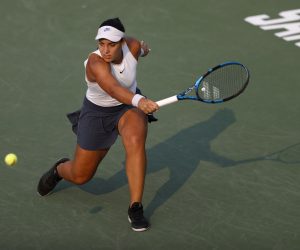 epa09402241 Ana Konjuh of Croatia in action against Xhuai Zhang of China during the Women's Mubadala Silicon Valley Classic tennis match at San Jose State University in San Jose, California, USA, 06 August 2021.  EPA/JOHN G. MABANGLO
