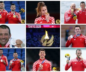 Tokio, 07.08.2021 - Matea Jelić (tekvando, zlato), Valent i Martin Sinković (veslanje, zlato), Mate Pavić i Nikola Mektić (tenis, zlato), Tonči Stipanović (jedrenje, srebro), Marin Čilić i Ivan Dodig (tenis, srebro), Tin Srbić (gimnastika, srebro), Damir Martin (veslanje, bronca), Toni Kanaet (tekvando, bronca).
foto HINA/ Damir SENČAR/ ds