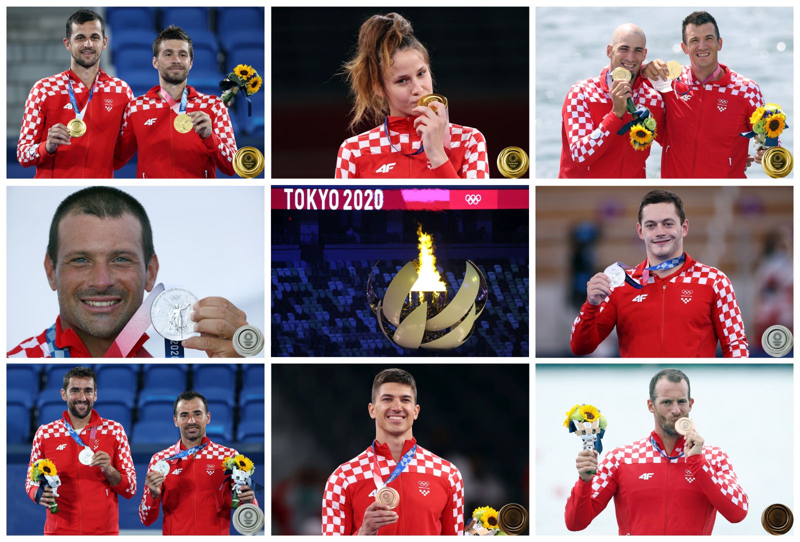 Tokio, 07.08.2021 - Matea Jelić (tekvando, zlato), Valent i Martin Sinković (veslanje, zlato), Mate Pavić i Nikola Mektić (tenis, zlato), Tonči Stipanović (jedrenje, srebro), Marin Čilić i Ivan Dodig (tenis, srebro), Tin Srbić (gimnastika, srebro), Damir Martin (veslanje, bronca), Toni Kanaet (tekvando, bronca).
foto HINA/ Damir SENČAR/ ds