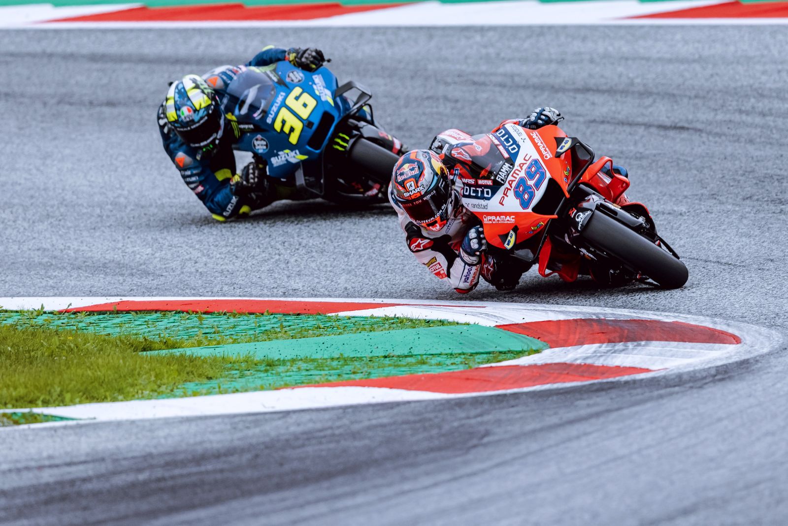 epa09406252 Spanish MotoGP riders Jorge Martin (R) of Pramac Racing Ducati and Joan Mir of Suzuki Ecstar Suzuki the Grand Prix of Styria at the Red Bull Ring in Spielberg, Austria, 08 August 2021.  EPA/EXPA/JFK