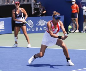 epa09406572 Darija Jurak of Croatia (R) and Andreja Klepac of Slovenia (L) in action against Gabriela Dabrowski of Canada and Luisa Stefani of Brazil during the Women's Mubadala Silicon Valley Classic tennis match doubles finals at San Jose State University in San Jose, California, USA, 08 August 2021.  EPA/JOHN G. MABANGLO