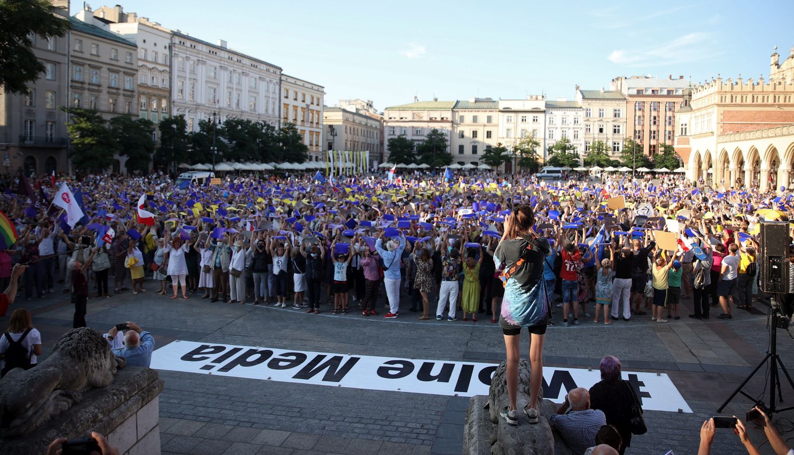 epa09408774 People protest against the amendment to the Broadcasting Act, in Krakow, south Poland, 10 August 2021. Critics argue the amendment to the Broadcasting Act, which will change the rules for granting broadcasting licenses, will be used to target US owned TVN24 which has been critical of the government.  EPA/Lukasz Gagulski POLAND OUT