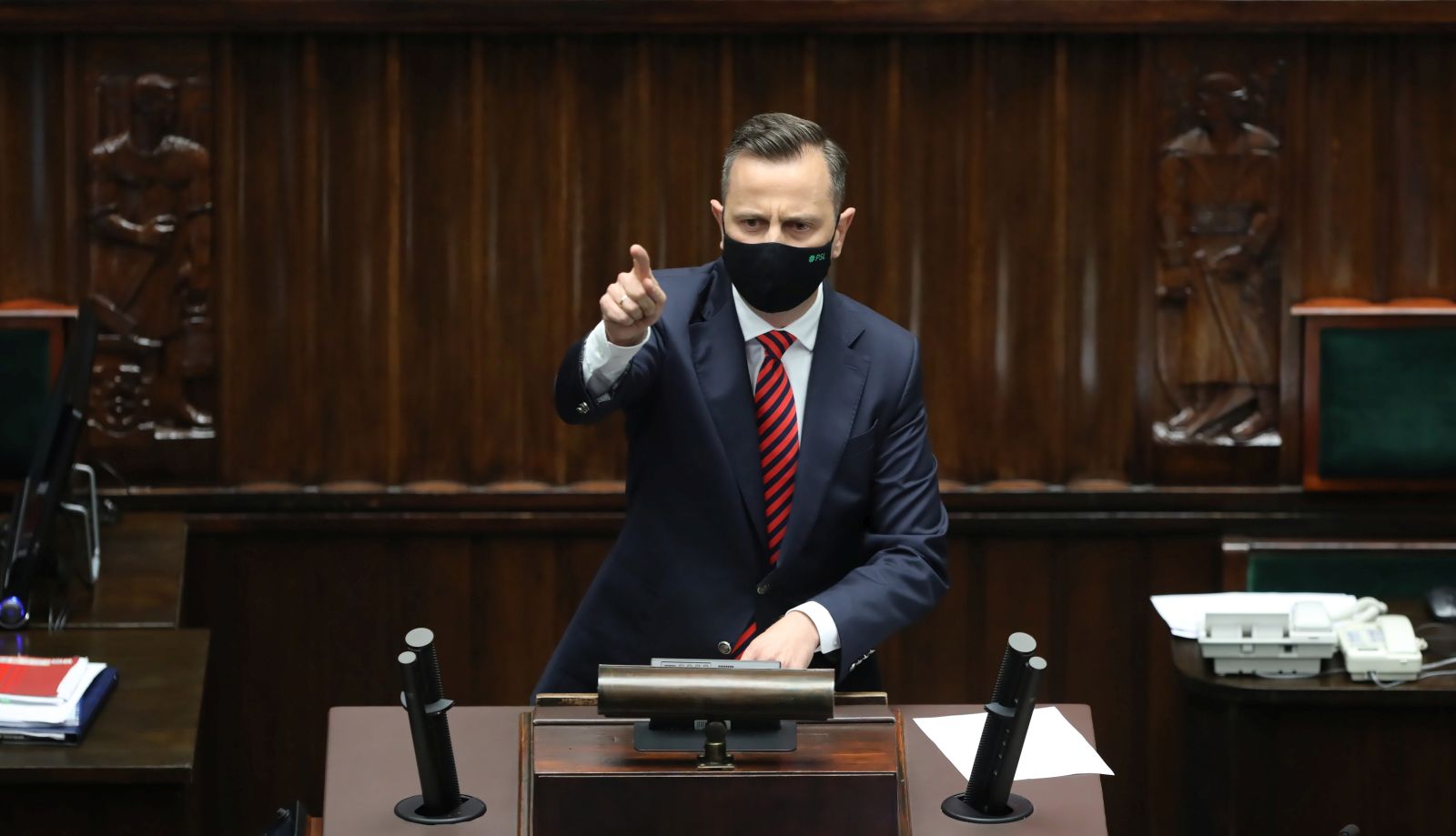 epa09409571 Leader of the Polish People's Party (PSL) Wladyslaw Kosiniak-Kamysz speaks during a parliamentary debate on a new media law in Sejm (lower house) in Warsaw, Poland, 11 August 2021. The draft amendment, tabled by MPs from Law and Justice (PiS), specifies that only entities headquartered in the European Economic Area (EEA) countries can be granted a broadcasting licence, provided they are not dependent on entities from outside the EEA.  EPA/Wojciech Olkusnik POLAND OUT