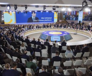 epa09426014 A handout photo made available by the Presidential press service shows a general view of the Crimea Platform summit in Kiev, Ukraine, 23 August 2021. The Crimea Platform is a new international consultation and coordination format set up to develop the initiative put forward by the President of Ukraine and aimed at improving the effectiveness of the international response to the ongoing occupation of Crimea.  EPA/FOREIGN MINISTRY PRESS SERVICE HANDOUT  HANDOUT EDITORIAL USE ONLY/NO SALES