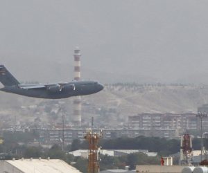 epa09436853 A Military aircraft takes off at the Hamid Karzai International Airport in Kabul, Afghanistan, 30 August 2021. Multiple explosions rocked the capital city of Kabul on 30 August, a day before the final withdrawal of foreign troops from Afghanistan.  EPA/STRINGER