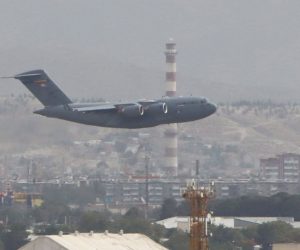 epa09436853 A Military aircraft takes off at the Hamid Karzai International Airport in Kabul, Afghanistan, 30 August 2021. Multiple explosions rocked the capital city of Kabul on 30 August, a day before the final withdrawal of foreign troops from Afghanistan.  EPA/STRINGER