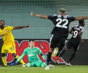 17.08.2021., Sheriff Stadion, Tiraspol, Moldavija - Play off UEFA Liga prvaka: FC Sheriff Tiraspol - GNK Dinamo Zagreb. Kevin Theophile Catherine, Adama Traore, Dominik Livakovic. 
Photo: Goran Stanzl/PIXSELL