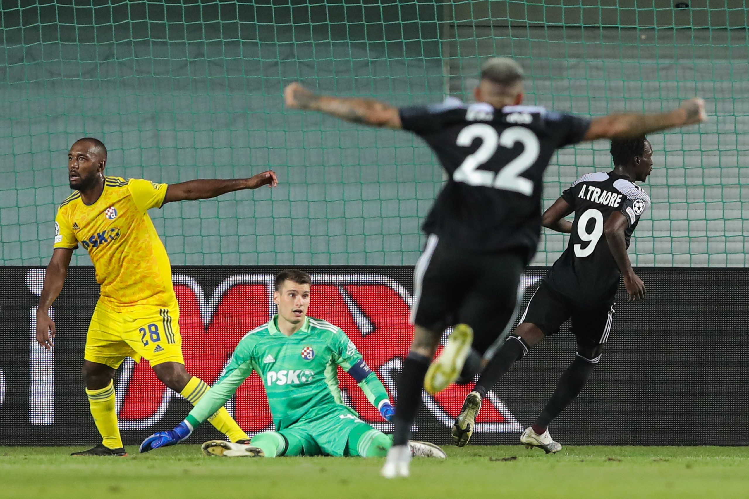 17.08.2021., Sheriff Stadion, Tiraspol, Moldavija - Play off UEFA Liga prvaka: FC Sheriff Tiraspol - GNK Dinamo Zagreb. Kevin Theophile Catherine, Adama Traore, Dominik Livakovic. 
Photo: Goran Stanzl/PIXSELL