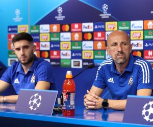 24.8.2021., stadion Maksimir, Zagreb - Play off UEFA Liga prvaka: GNK Dinamo Zagreb - FC Sheriff Tiraspol. Konferencija za medije GNK Dinamo. Trener Dinama Damir Krznar, Luka Ivanusec. 
Photo: Goran Stanzl/PIXSELL
