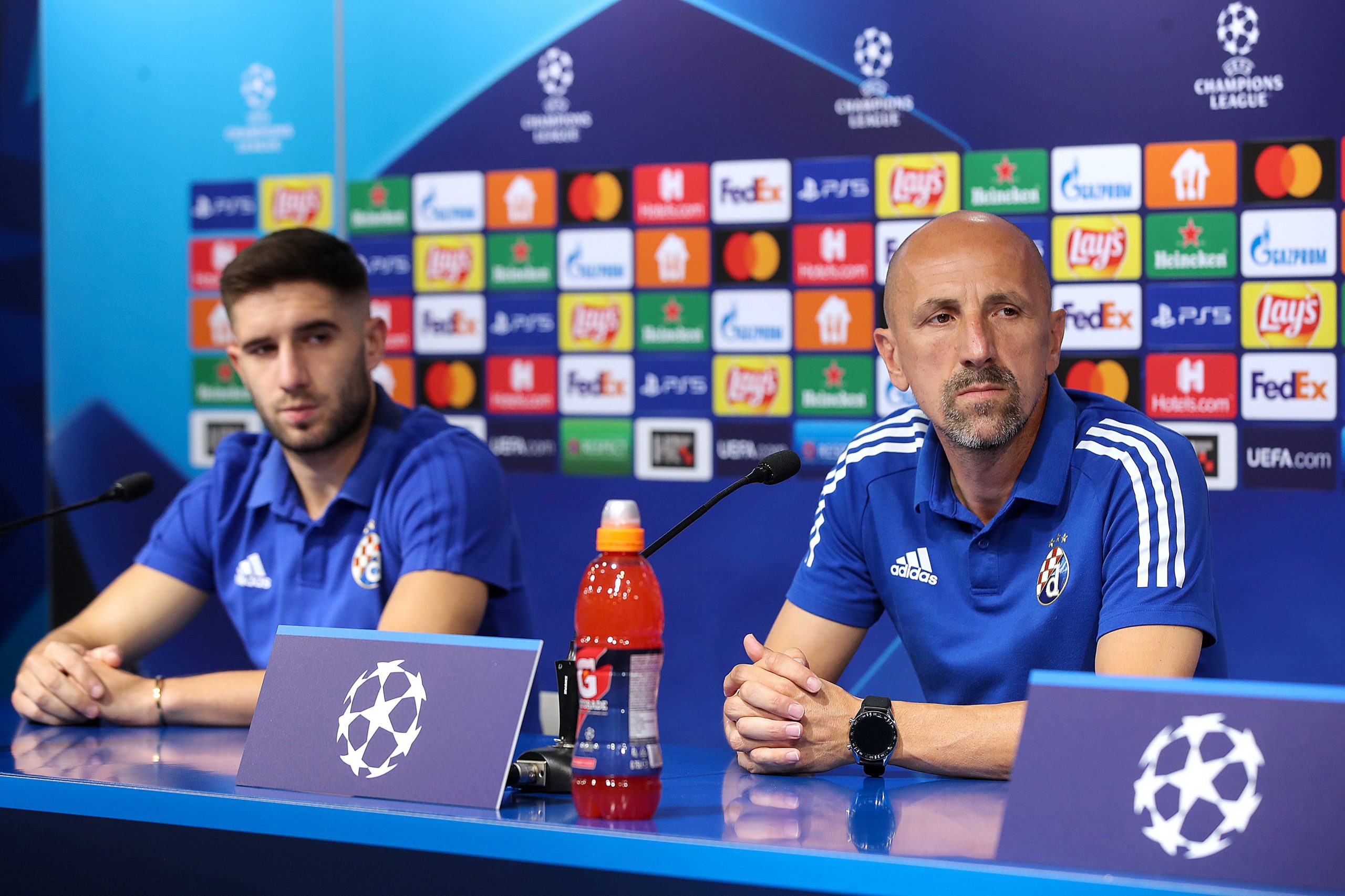 24.8.2021., stadion Maksimir, Zagreb - Play off UEFA Liga prvaka: GNK Dinamo Zagreb - FC Sheriff Tiraspol. Konferencija za medije GNK Dinamo. Trener Dinama Damir Krznar, Luka Ivanusec. 
Photo: Goran Stanzl/PIXSELL