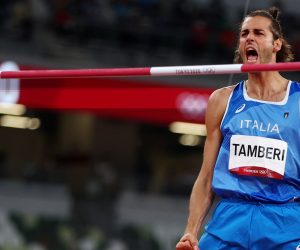 Athletics - Men's High Jump - Final Tokyo 2020 Olympics - Athletics - Men's High Jump - Final- OLS - Olympic Stadium, Tokyo, Japan – August 1, 2021. Gianmarco Tamberi of Italy celebrates after his jump REUTERS/Kai Pfaffenbach KAI PFAFFENBACH