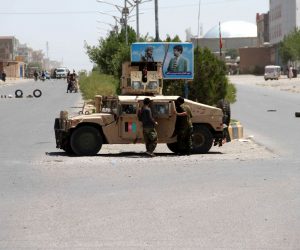 epa09400533 Afghan security officials patrol after they took back control of parts of Herat city following intense battle with Taliban militants, in Herat, Afghanistan, 06 August 2021. Heavy fighting continued in Kandahar, Lashkargah, and Herat cities as the Taliban continued pressing on with their surge in Afghanistan and breaking through a tough resistance by the government forces. The fighting in Herat displaced hundreds of families as people left their houses to seek refuge in central parts of the city, mostly settling with relatives.  EPA/JALIL REZAYEE
