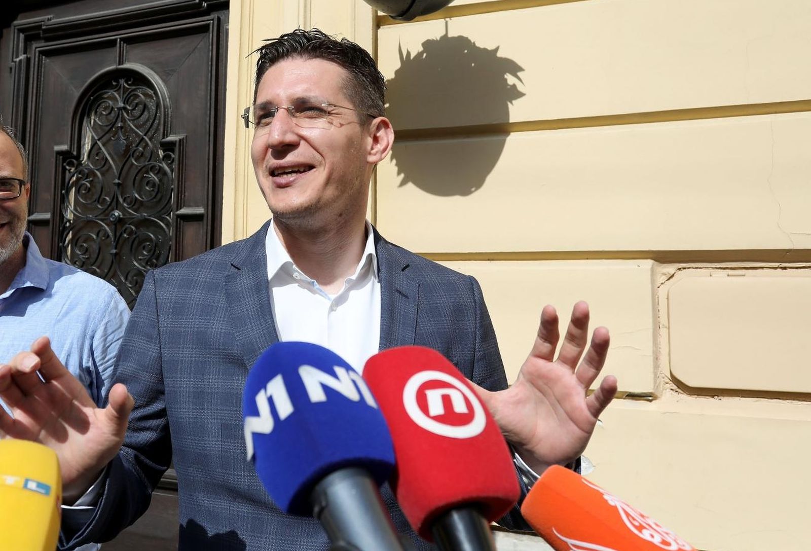 16.06.2021., Zagreb - Na konferenciji za medije odrzanoj ispred Stare gradske vijecnice o planu rada zastupnika Mosta u Gradskoj skupstini govorili su Zvonimir Troskot i Marko Sladoljev. 
Photo: Patrik Macek/PIXSELL
