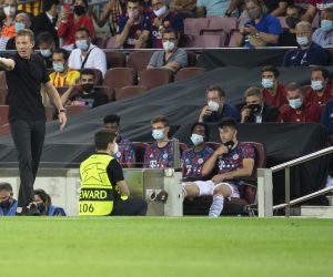14 September 2021, Spain, Barcelona: Football: Champions League, FC Barcelona - Bayern Munich, Group Stage, Group E, Matchday 1, Camp Nou. Coach Julian Nagelsmann from Munich follows the match from the sidelines. Photo by: Sven Hoppe/picture-alliance/dpa/AP Images