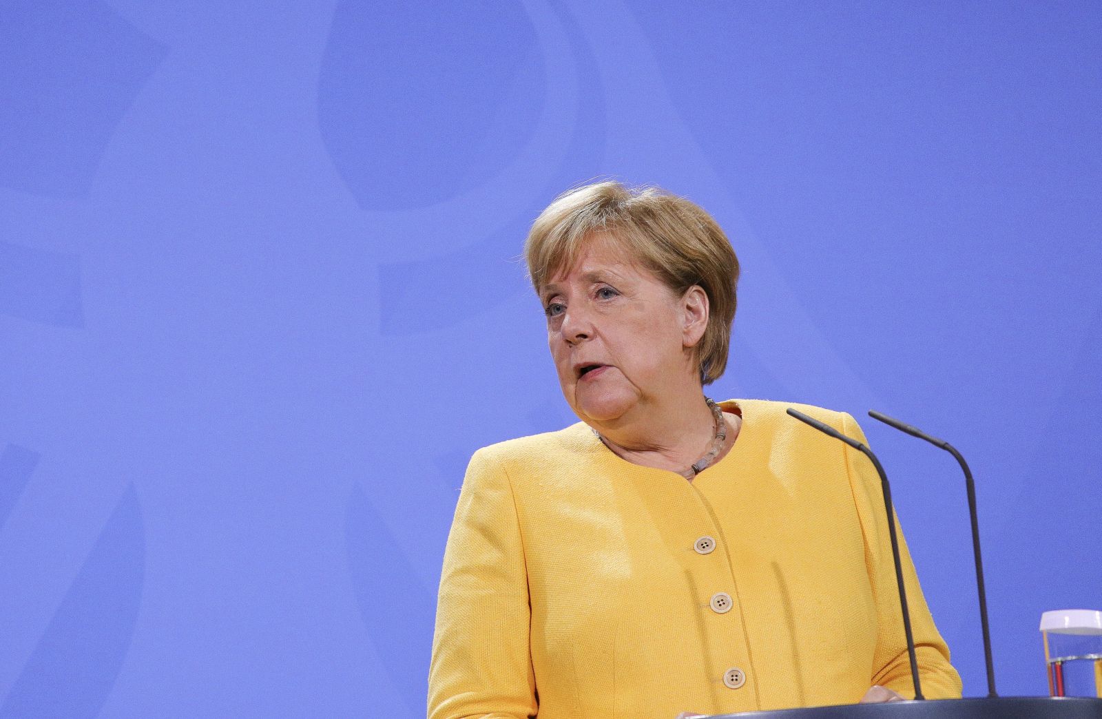 epa09416735 German Chancellor Angela Merkel gives a statement to the media regrading the current situation in Afghanistan, in Berlin, Germany, 16 August 2021. Taliban co-founder Abdul Ghani Baradar on 16 August 20201 declared victory and end to the decades-long war in Afghanistan, a day after the insurgents entered Kabul to take control of the country. Baradar, who heads the Taliban political office in Qatar, released a short video message after President Ashraf Ghani fled and conceded that the insurgents had won the 20-year war.  EPA/OMER MESSINGER / POOL