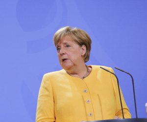 epa09416735 German Chancellor Angela Merkel gives a statement to the media regrading the current situation in Afghanistan, in Berlin, Germany, 16 August 2021. Taliban co-founder Abdul Ghani Baradar on 16 August 20201 declared victory and end to the decades-long war in Afghanistan, a day after the insurgents entered Kabul to take control of the country. Baradar, who heads the Taliban political office in Qatar, released a short video message after President Ashraf Ghani fled and conceded that the insurgents had won the 20-year war.  EPA/OMER MESSINGER / POOL