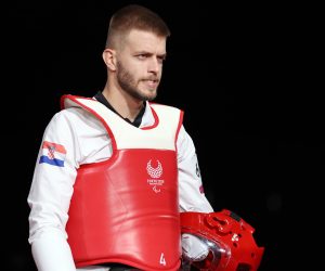 Tokio, 04.09.2021 - Hrvatski sporta Ivan Mikulic tijekom meca cetvrtfinala natjecanja u paratekvandou u kategoriji K44 75+ kg protiv Rachida Ismailia Alaouia iz Maroka.
foto HINA/ Damir SENCAR/ ds