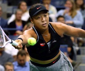 epa09446607 Naomi Osaka from Japan in action against Leylah Fernandez of Canada during their match on the fifth day of the US Open Tennis Championships at the USTA National Tennis Center in Flushing Meadows, New York, USA, 03 September 2021. The US Open runs from 30 August through 12 September.  EPA/PETER FOLEY