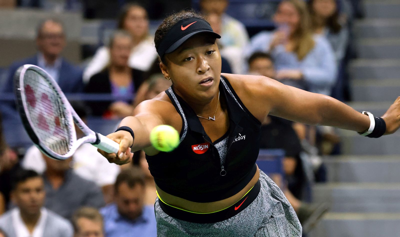 epa09446607 Naomi Osaka from Japan in action against Leylah Fernandez of Canada during their match on the fifth day of the US Open Tennis Championships at the USTA National Tennis Center in Flushing Meadows, New York, USA, 03 September 2021. The US Open runs from 30 August through 12 September.  EPA/PETER FOLEY
