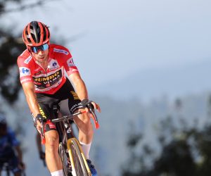 epa09447475 Overall leader Slovenian Primoz Roglic, Jumbo-Visma, in action during the 20th stage of the Spanish Cycling Vuelta, a 202.2km-long race between Sanxenxo and Castro de Herville in Galicia, Spain, 04 September 2021.  EPA/Manu Bruque