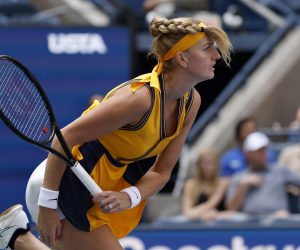 epa09447647 Petra Kvitova of the Czech Republic serves against Maria Sakkari of Greece during their match on the sixth day of the US Open Tennis Championships the USTA National Tennis Center in Flushing Meadows, New York, USA, 04 September 2021. The US Open runs from 30 August through 12 September.  EPA/JOHN G. MABANGLO