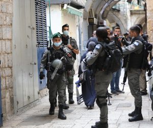 epa09459812 Israeli border police stand guard at the site where a stabbing attack took place in the Old City of Jerusalem, 10 September 2021. A Palestinian man attempted to stab Israeli Police officers but was, according to Israeli police.  EPA/ABIR SULTAN