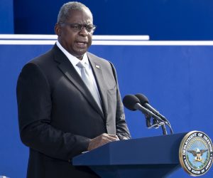 epa09461401 US Secretary of Defense Lloyd Austin delivers remarks during an observance ceremony for the 20th anniversary of the 9/11 attacks, at the Pentagon in Arlington, Virginia, USA, 11 September 2021. The 20th anniversary of the worst terrorist attack on US soil is being observed at various locations throughout the world.  EPA/MICHAEL REYNOLDS