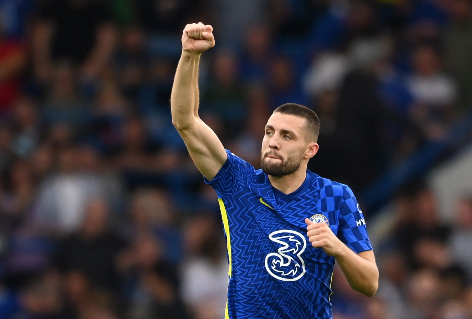 epa09462017 Mateo Kovacic of Chelsea celebrates after scoring the 2-0 lead during the English Premier League soccer match between Chelsea FC and Aston Villa in London, Britain, 11 September 2021.  EPA/ANDY RAIN EDITORIAL USE ONLY. No use with unauthorized audio, video, data, fixture lists, club/league logos or 'live' services. Online in-match use limited to 120 images, no video emulation. No use in betting, games or single club/league/player publications