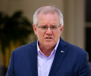 epa09462955 Australian Prime Minister Scott Morrison speaks to the media during a press conference at Kirribilli House in Sydney, New South Wales, Australia, 12 September 2021. The Australian Government announced on the day that it has secured an additional one million Moderna doses from European Union (EU) member states to further bolster Australia's COVID-19 vaccination programme.  EPA/JOEL CARRETT AUSTRALIA AND NEW ZEALAND OUT