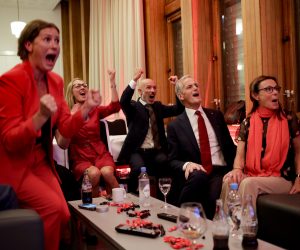epa09466305 Norway's Labor leader Jonas Gahr Store cheers after seing the exit poll at the Labor Party's election vigil in Oslo, Norway, 13 September 2021, during the 2021 parliamentary elections.  EPA/Javad Parsa  NORWAY OUT