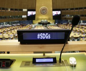 epa09478029 Empty desks fill the UN General Assembly Hall as speakers deliver remarks remotely at the SDG Moment event as part of the UN General Assembly 76th session General Debate at the United Nations Headquarters in New York City, USA, 20 September 2021. Sustainable Development Goals (SDG) are a blueprint for fighting poverty and hunger as well as confronting the climate crisis.  EPA/JOHN ANGELILLO / POOL