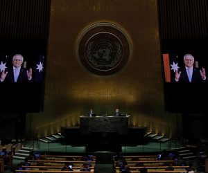 epa09486655 Prime Minister of Australia, Scott Morrison addresses, via prerecorded video, the General Debate of the 76th Session of the United Nations General Assembly at UN Headquarters in New York, New York, USA, 24 September 2021.  EPA/PETER FOLEY