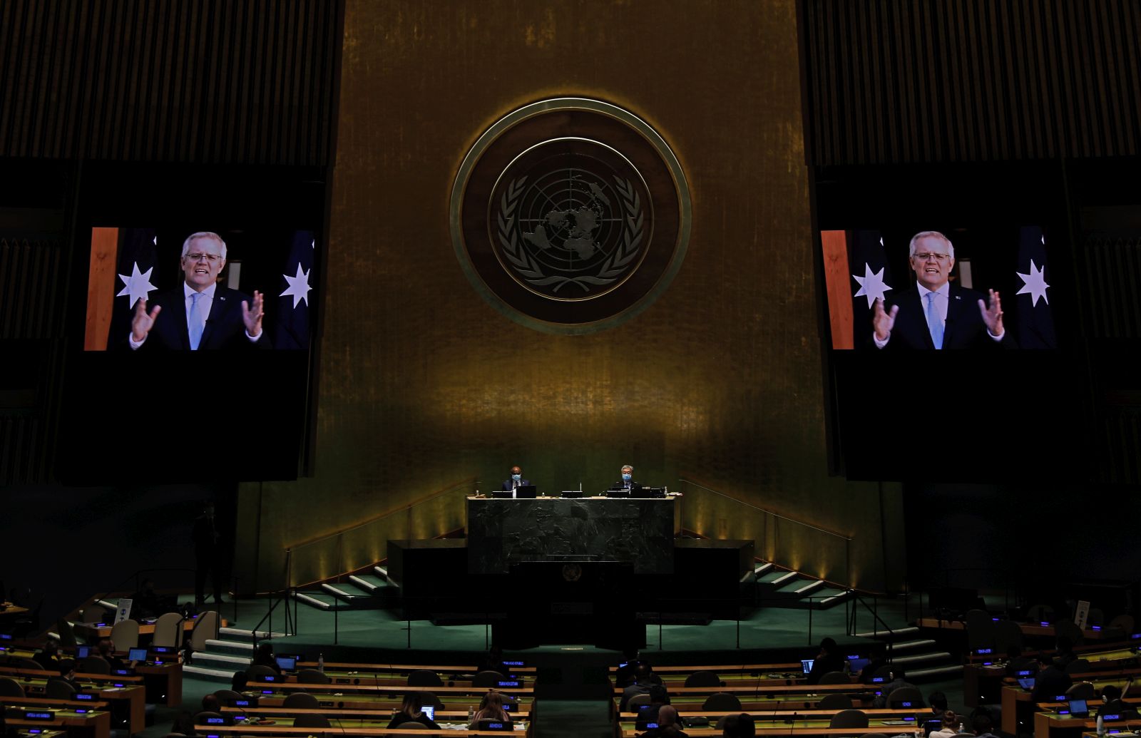 epa09486655 Prime Minister of Australia, Scott Morrison addresses, via prerecorded video, the General Debate of the 76th Session of the United Nations General Assembly at UN Headquarters in New York, New York, USA, 24 September 2021.  EPA/PETER FOLEY