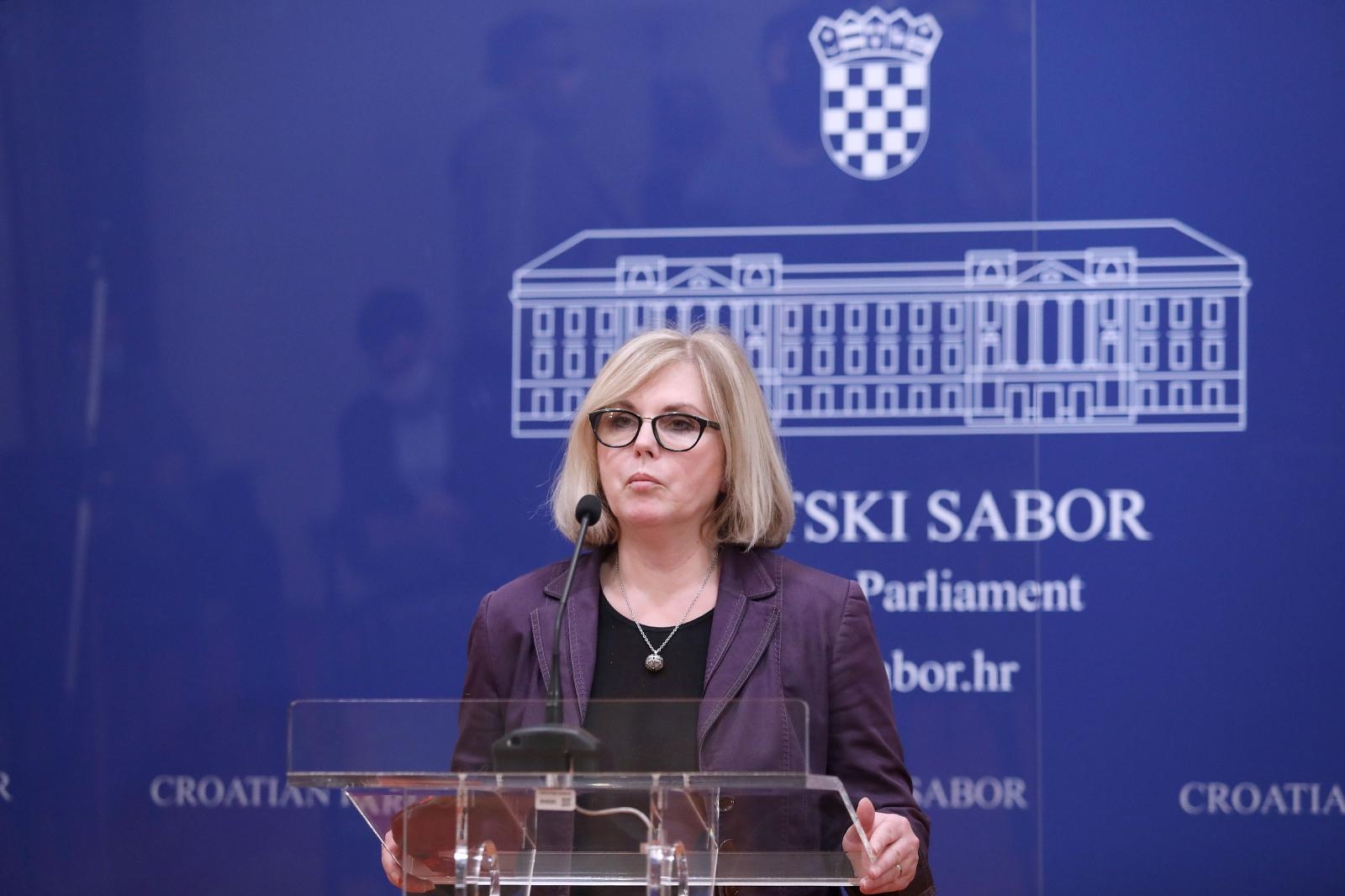03.02.2021., Zagreb - Barbara Antolic Vupora govorila je na konferenciji za medije Kluba zastupnika SDP-a odrzanoj u Saboru na temu "Novi nacin naplate cestarine". Photo: Patrik Macek/PIXSELL