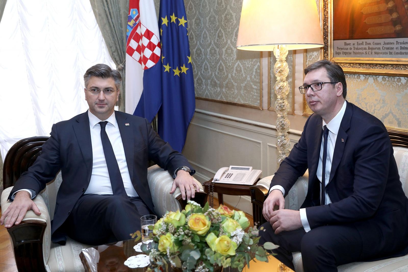 12.02.2018., Zagreb - Predsjednik Vlade RH Andrej Plenkovic susreo se s predsjednikom Republike Srbije Aleksandrom Vucicem u zgradi Vlade. Izaslanstvo Republike Srbije predvodjeno predsjednikom u dvodnevnom je posjetu Hrvatskoj. 
Photo: Patrik Macek/PIXSELL