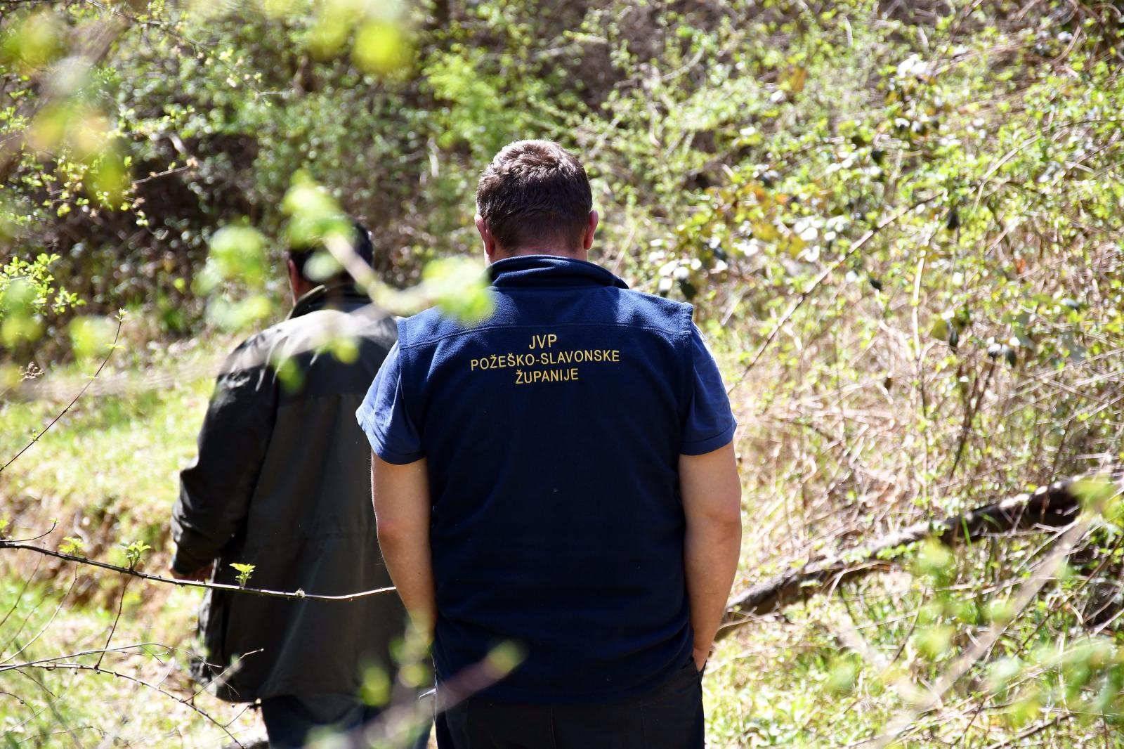 15.04.2020. Brestovac -  Opozarene povrsine polja i sume oko Brestovca koju je zapalio piroman, za kojim policija jos uvijek traga.  
Photo: Ivica Galovic/PIXSELL