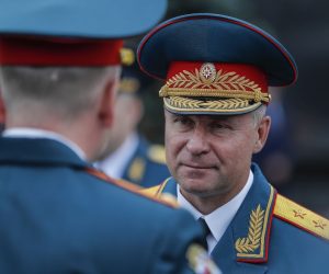 epa09454914 (FILE) The newly appointed Minister of the Russian Federation for Civil Defense, Emergency Situations and Elimination of Consequences of Natural Disasters Ministry, Yevgeny Zinichev (R), attending a graduation ceremony of students and cadets of the Russian Emergencies Ministry institutions in the Red Square in Moscow, Russia, 21 July 2018 ( re-issued 08 September 2021). Russian Emergencies Minister Yevgeny Zinichev tragically died 08 September 2021 in Norilsk while saving a man's life during an inter-departmental exercise to protect the Arctic zone of Russia frrom emergency situations.  EPA/SERGEI ILNITSKY / POOL